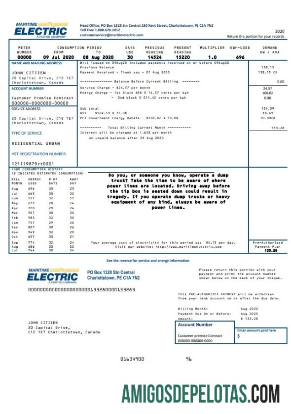 Em branco modelo de conta de serviço público elétrico marítimo do Canadá em formato Word e PDF